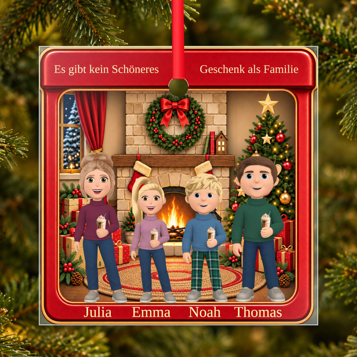 [DE] Cozy Story — Giftbox Square — gepersonaliseerd glazen kerstornament met gezin in de kerstboom