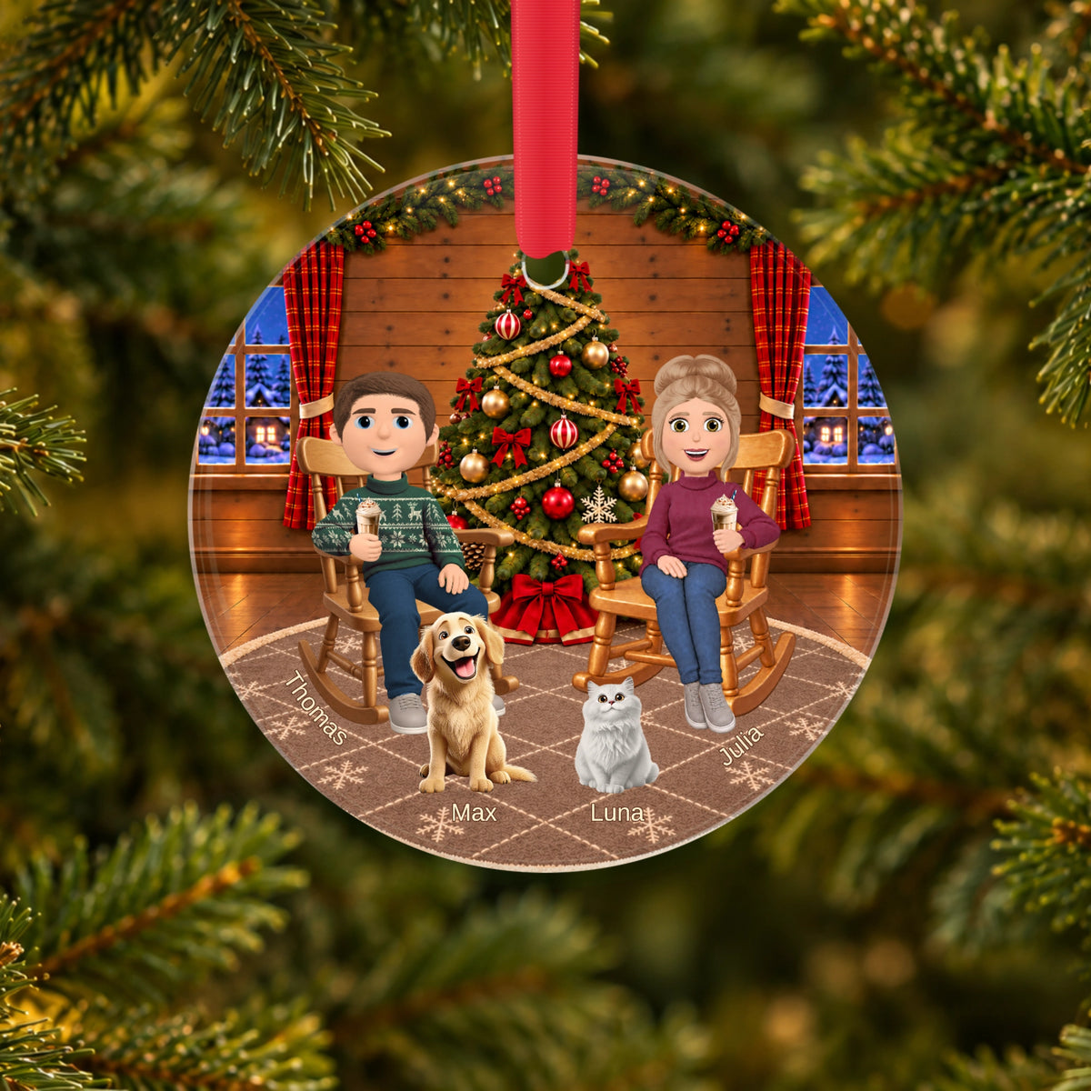 [NL] living room — gepersonaliseerd glazen kerstornament met gezin in de kerstboom