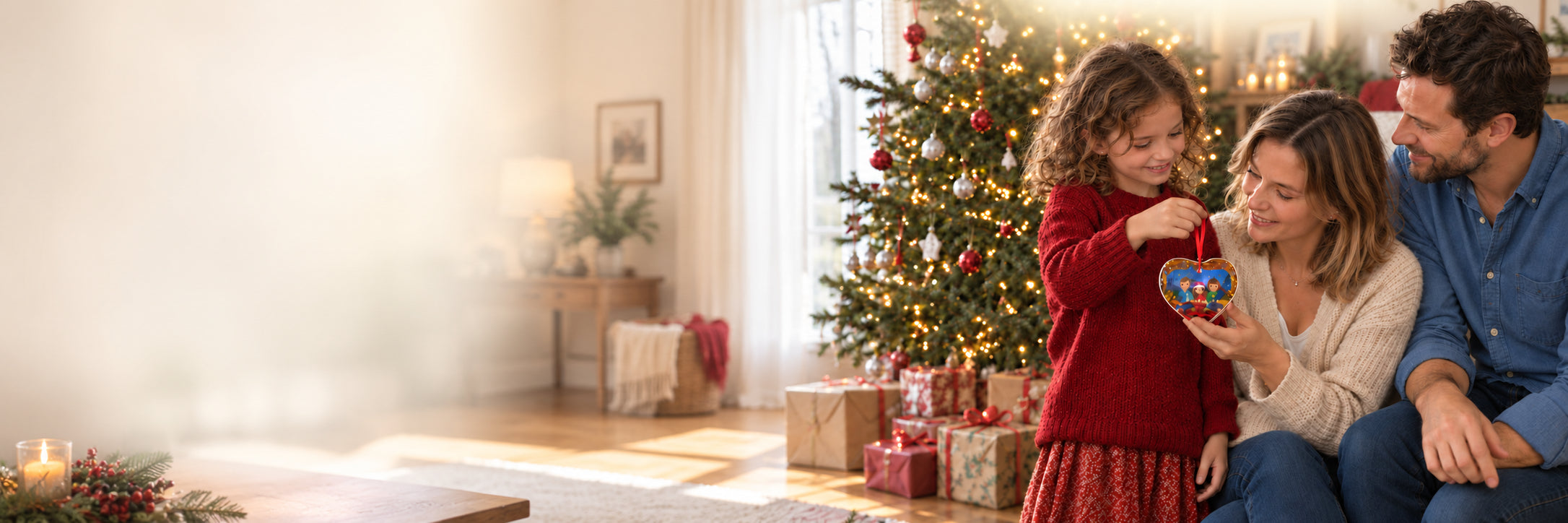 Eine Familie betrachtet gemeinsam ihr persönliches Herzornament am Weihnachtsbaum.
